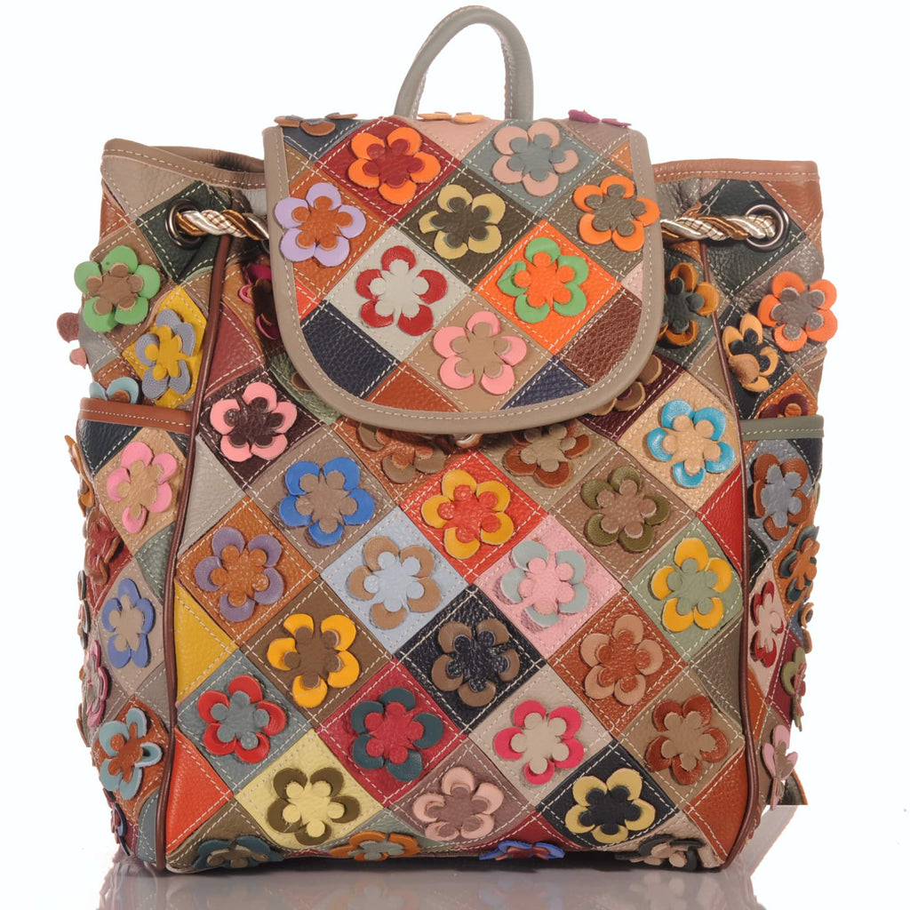 Damen Leder Rucksack – Patchwork-Blumen-Design mit Kordelzug