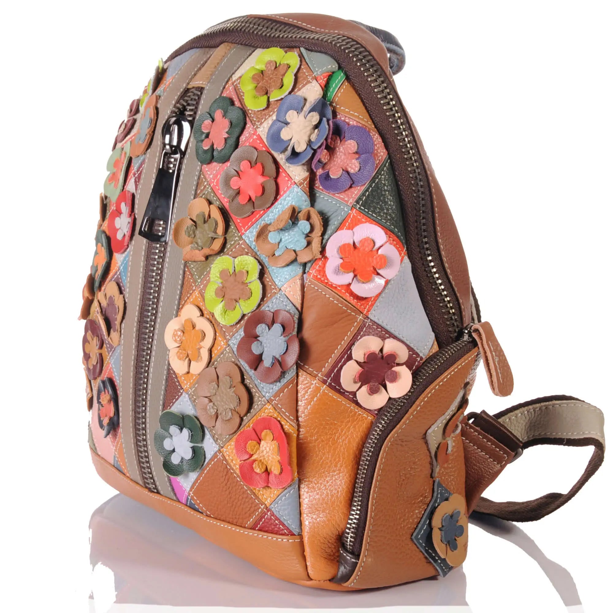 Damen Leder Patchwork Rucksack – Blumen-Design – Damen Rucksäcke 2