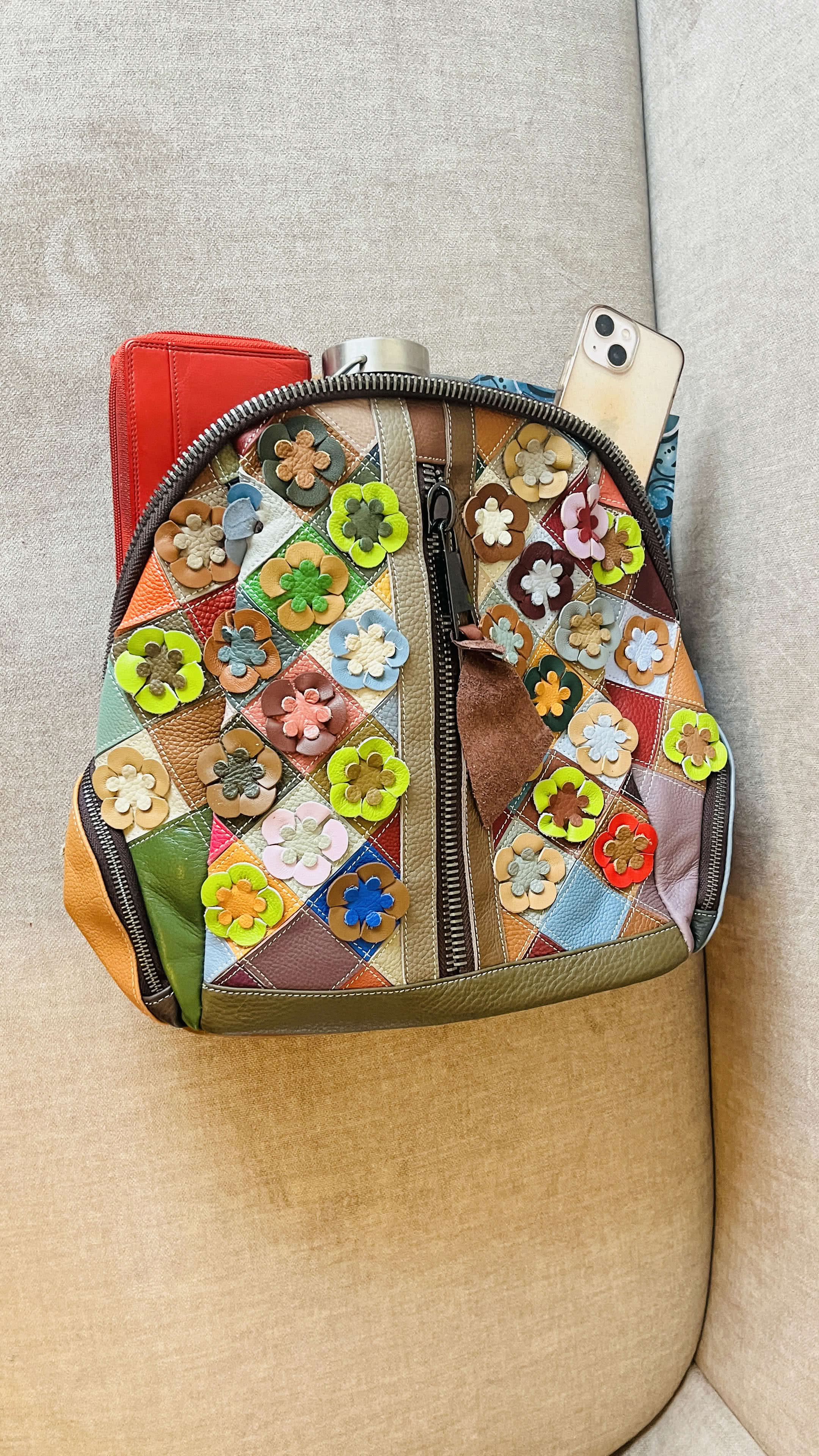 Damen Leder Patchwork Rucksack – Blumen-Design – Damen Rucksäcke 6