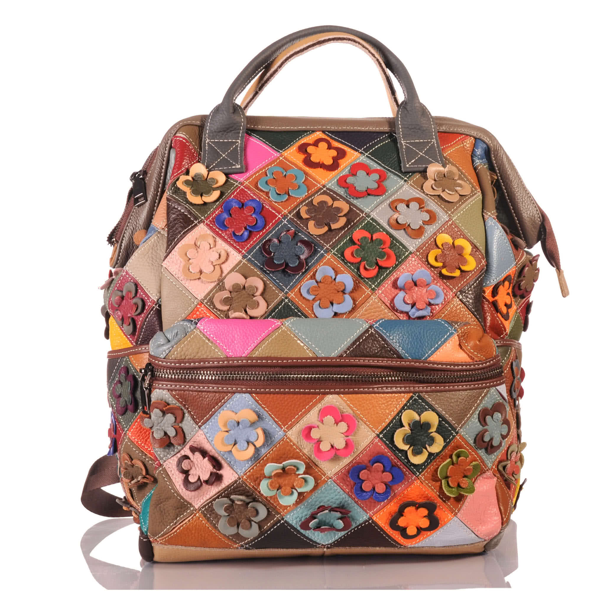 Damen Patchwork Leder Rucksack groß – Blumen Unikat