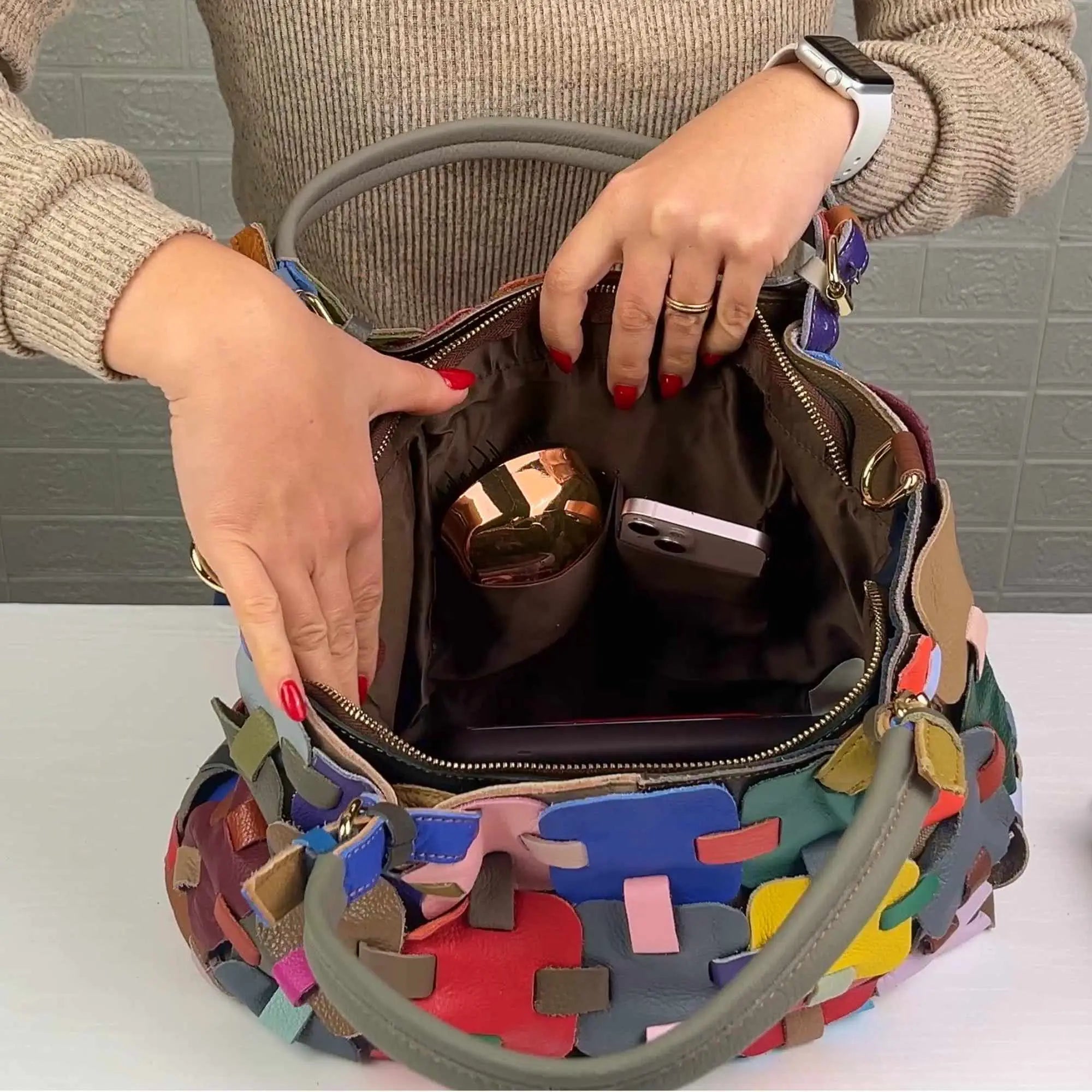 Damen Leder Handtasche – Patchwork Design, Schultertasche aus Echtlede – Damen Handtaschen 8