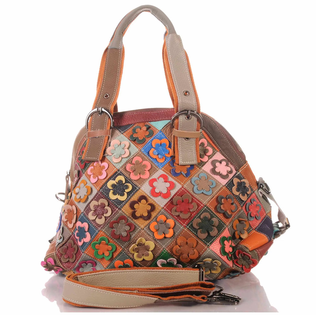 Patchwork Leder Tasche Damen mit Blumen Applikationen & Umhängegurt – Damen Handtaschen 1