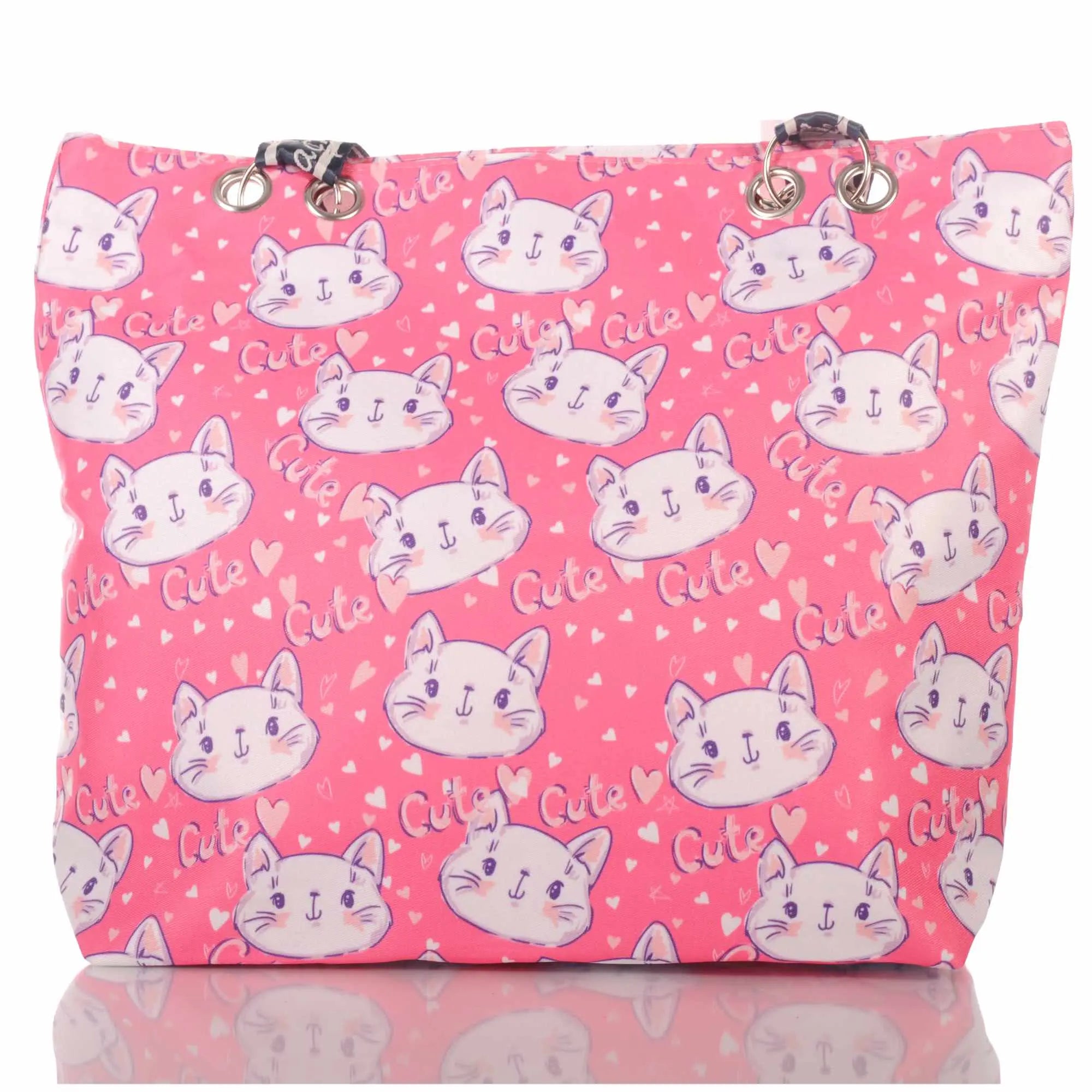 Pinke Strandtasche mit Katzenmotiv und Reißverschluss –  1