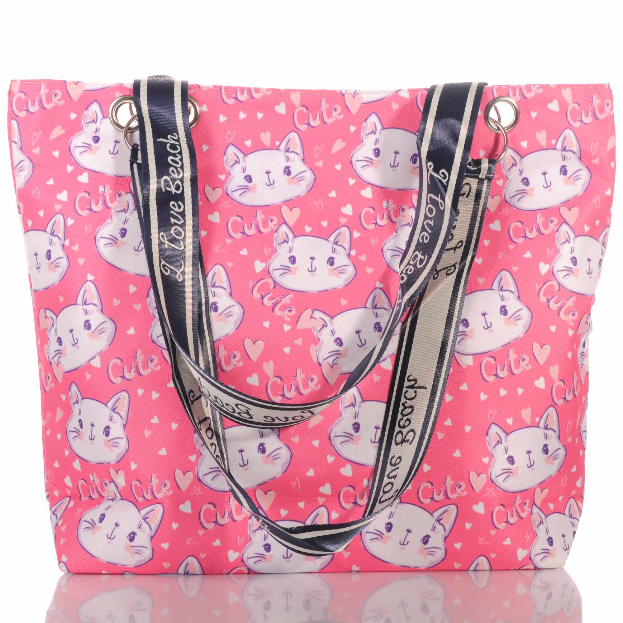 Pinke Strandtasche mit Katzenmotiv und Reißverschluss –  3