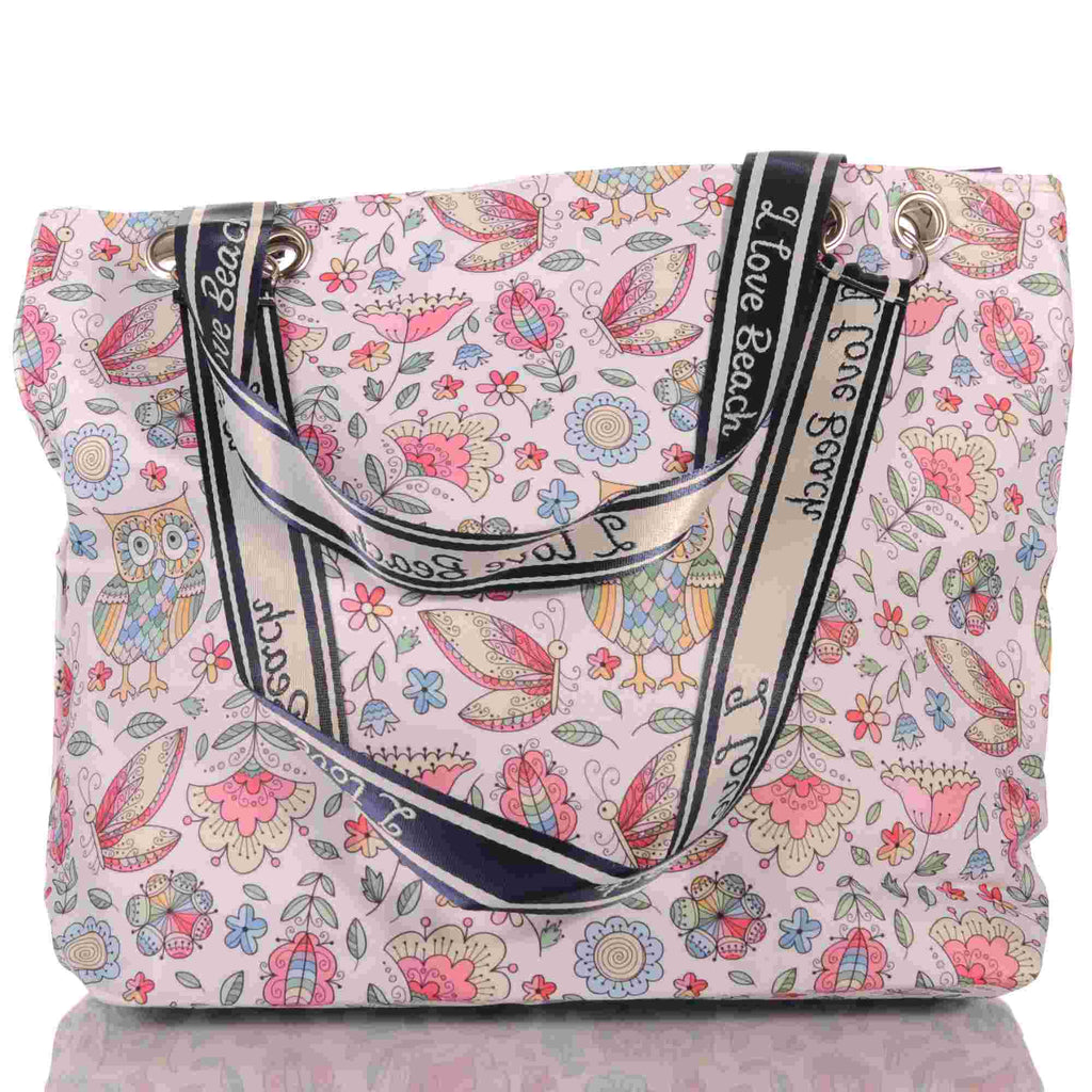 Strandtasche Eulen Blumen Schmetterlinge mit Reißverschluss –  3